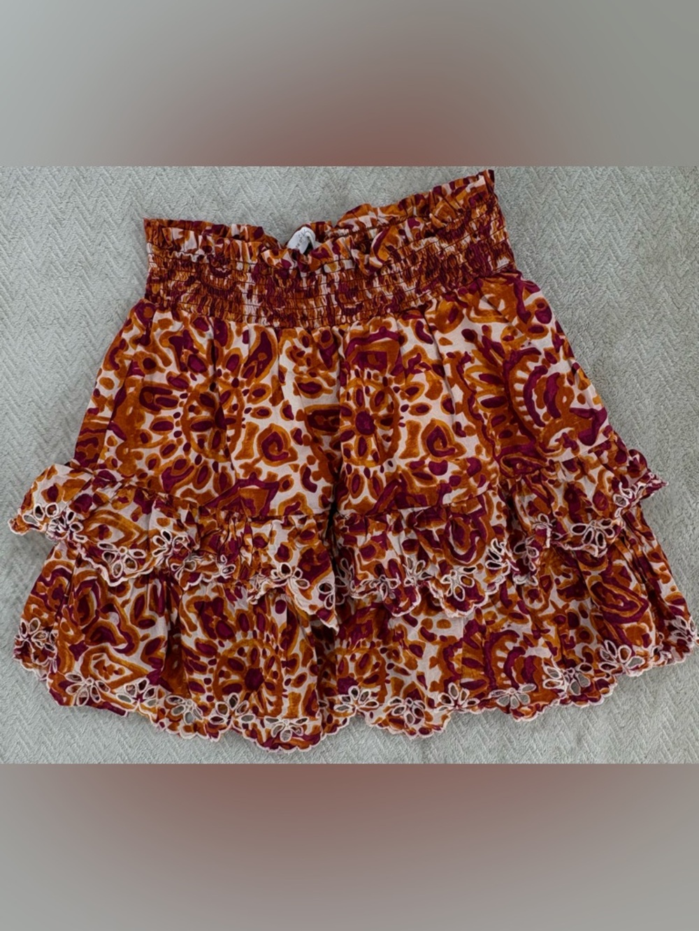 Boho House of Harlow 1960 Tiered Floral Mini Skirt in Rust and Burgundy